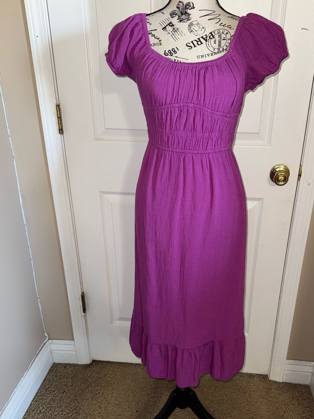 Sim & Sam Purple Linen Blend Smocked Puff Sleeve Midi Dress Small - Picture 2 of 9